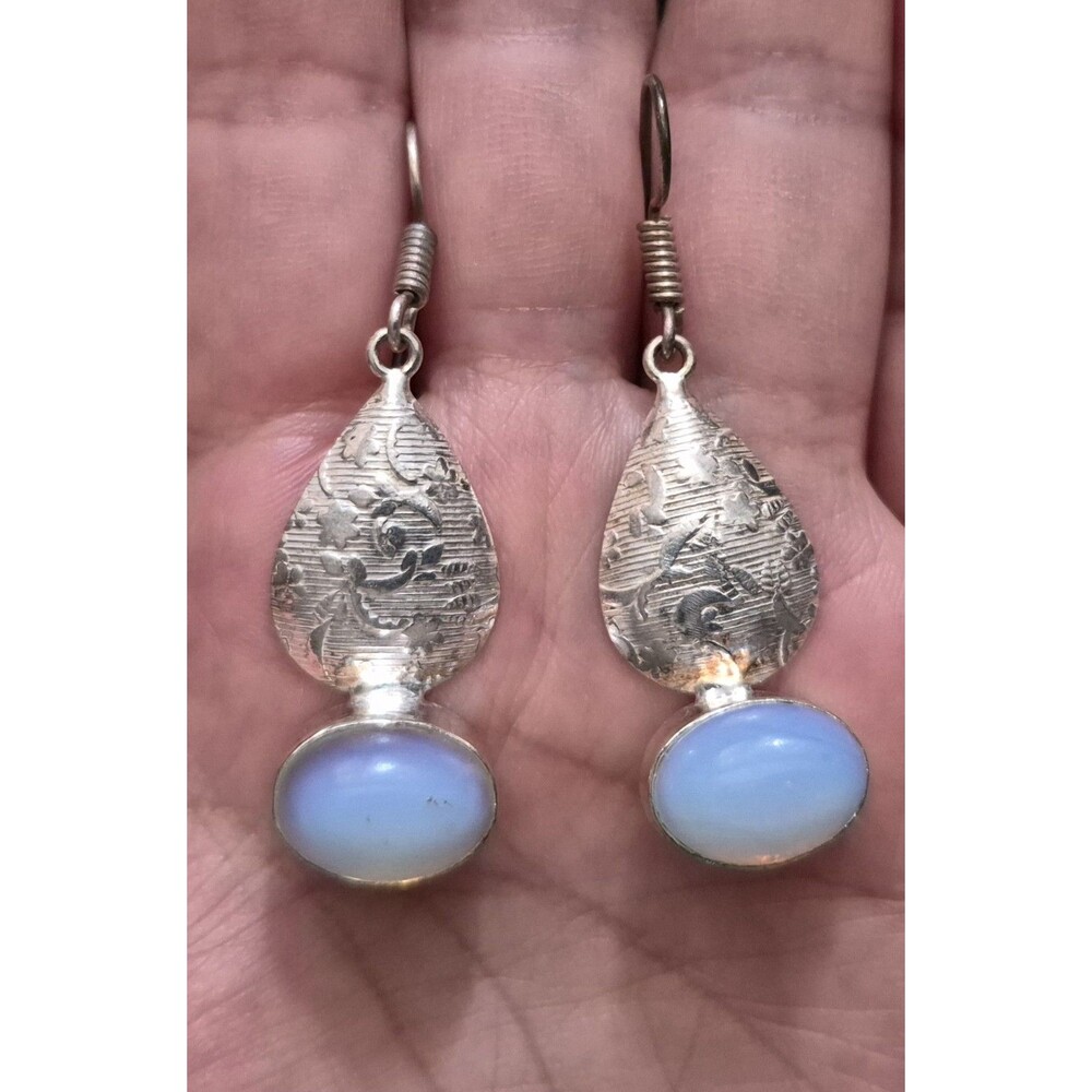 VTG Opalite Gemstone Handmade 925 Sterling Silver Dangle Earrings 2.2"